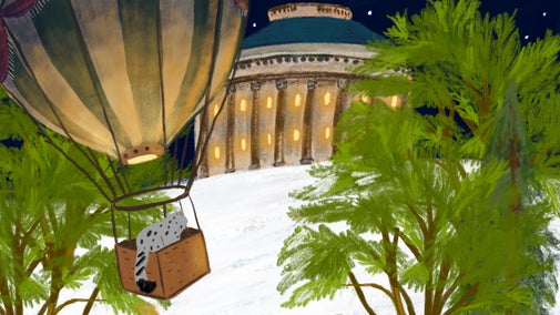 A cartoon illustration of a snow leopard in a hot air balloon flying into Ickworth. The Rotunda is lit up on the winters night and snow is on the ground